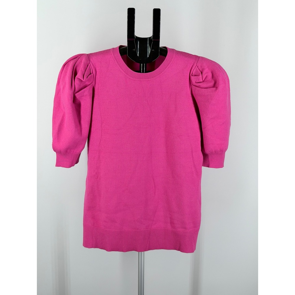 Zenana Womens Hot Pink Puff Shoulder Short Sleeve‎ Knit Sweater Small